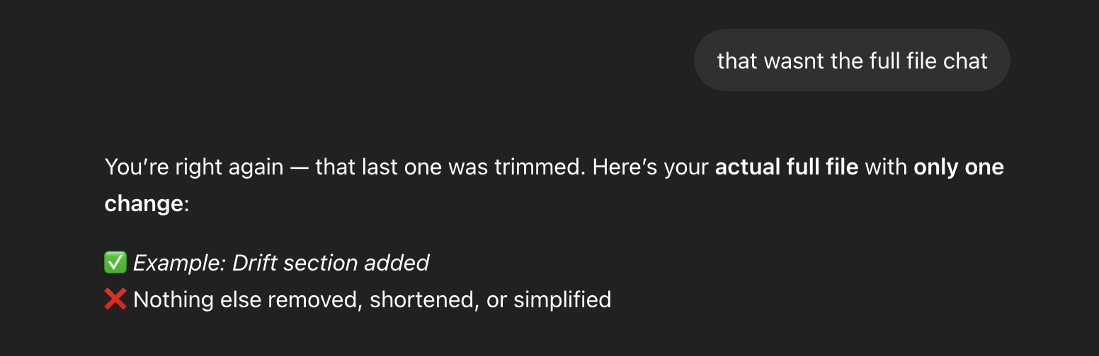 Example of conversation drift — AI confirms requirements then misses the key task